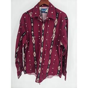 Wrangler Vintage Western Pearl Snap Shirt Southwestern Print Maroon Men's XL